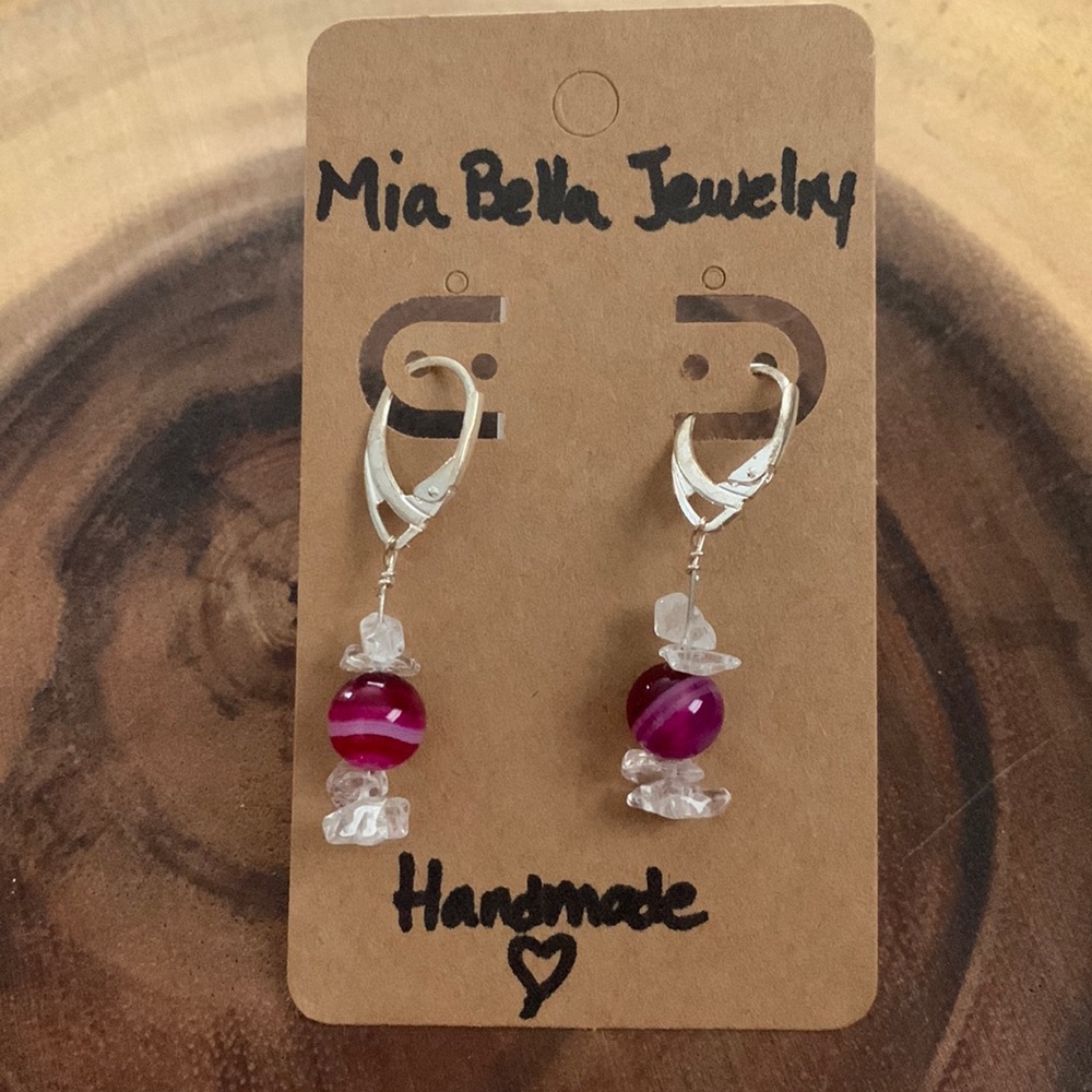 Lever back Earrings Pink and Clear Stones